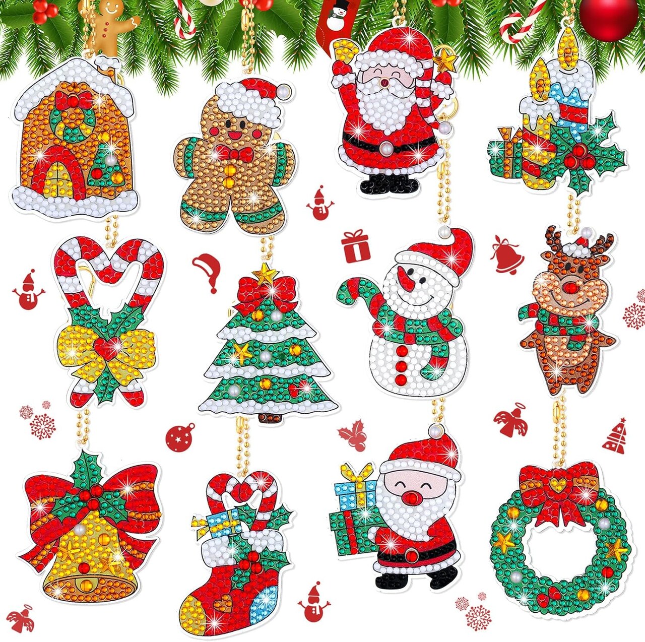 12-Piece Christmas Diamond Painting Keychain Kit – 5D DIY Hanging Ornaments for Kids & Family Holiday Crafts and Decor